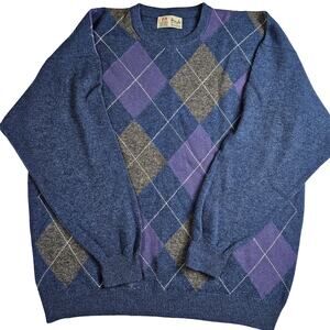 Vintage Pringle of Scotland Mens Large Lambswool V-Neck Argyle Sweater Blue